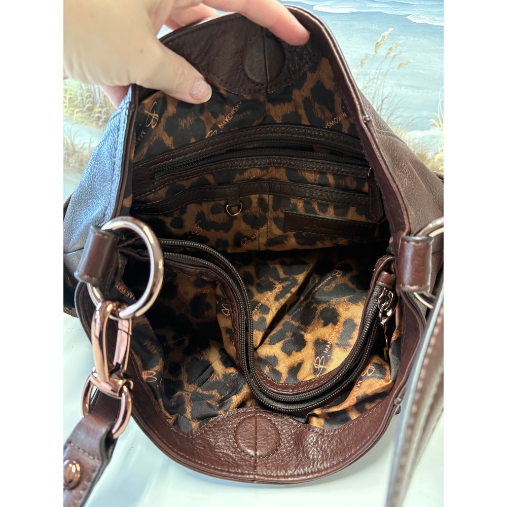 B. Makowsky Brown Leather Studded Crossbody Bag Rose Gold Hardware Pocket - Picture 10 of 12
